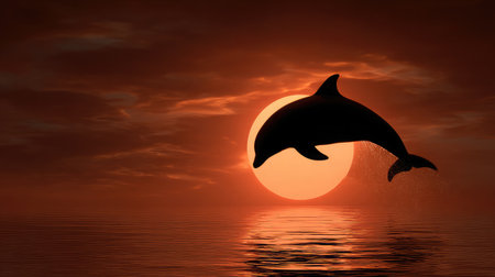 Silhouette of a dolphin jumping against the setting sun over the horizonの素材