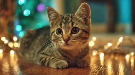 Soft-focus image of kitten in front of string lights on a wooden floorの素材