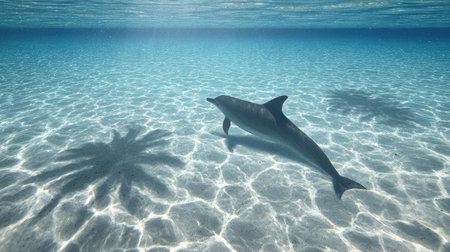 Shallow lagoon with dolphin shadow moving across bright sandy bottomの素材