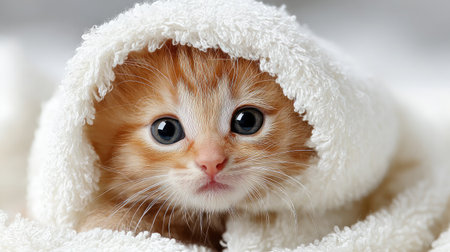 Tiny kitten wrapped in a soft towel with only its head peeking outの素材
