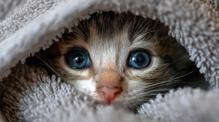 Tiny kitten wrapped in a soft towel with only its head peeking outの素材