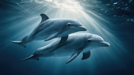 Two dolphins swimming side by side in perfect harmony, surrounded by sunlight beamsの素材