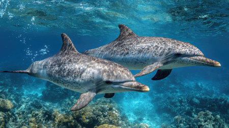 Young dolphin calf swimming closely beside a larger adult in shallow tropical seaの素材