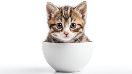 Tiny kitten in a teacup with curious eyes and soft fur, set against a white backgroundの素材