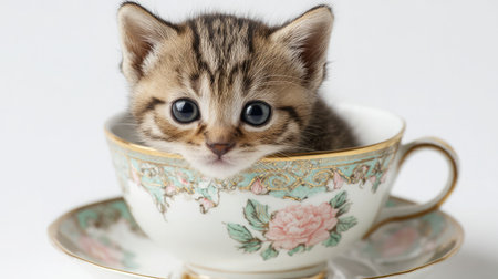 Tiny kitten in a teacup with curious eyes and soft fur, set against a white backgroundの素材