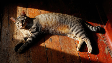 Tabby cat stretching lazily on a hardwood floor, basking in afternoon lightの素材