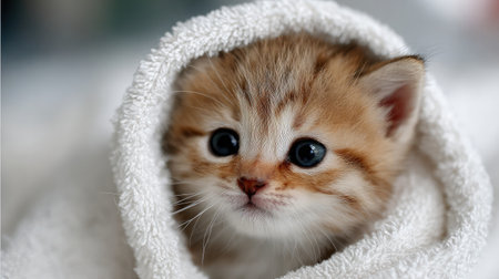Tiny kitten wrapped in a soft towel with only its head peeking outの素材