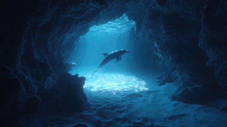 Underwater cave opening with a dolphin gracefully entering the sunlit shallowsの素材