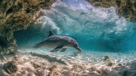 Underwater cave opening with a dolphin gracefully entering the sunlit shallowsの素材