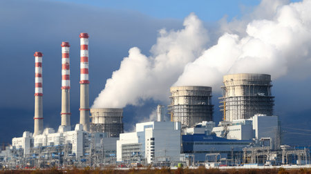 A wide-angle view of a modern thermal power plant with smoke rising from tall chimneys under a clear skyの素材