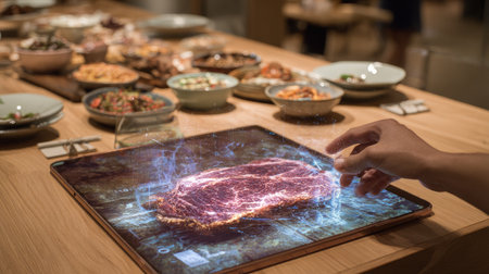 Augmented reality interface showing food origin traceability data on productの素材