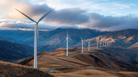 A high-altitude wind farm bathed in golden light with moving clouds overheadの素材
