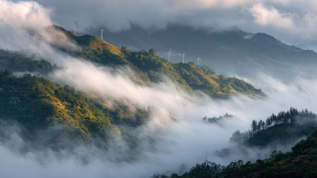 A peaceful scene of windmills on a lush mountain during sunrise with dramatic cloud movementの素材