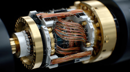 Close-up of a generator's rotor and stator showing intricate mechanical designの素材