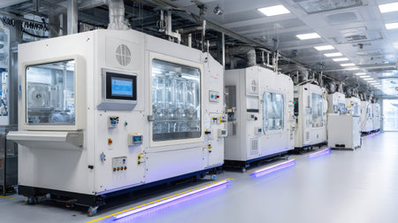 Cleanroom food tech facility with sealed containers and touchscreen control panelsの素材