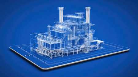 Blueprint design of a modern power generation facility on a digital tabletの素材