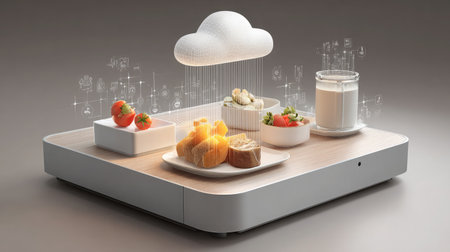 Cloud-connected kitchen scale uploading food portion data to nutrition softwareの素材