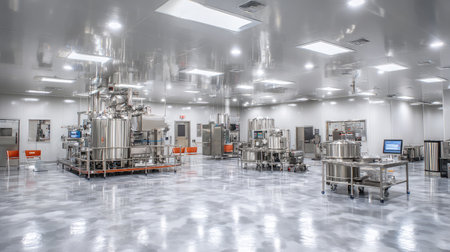 Cleanroom food tech facility with sealed containers and touchscreen control panelsの素材