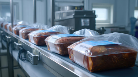 Automated packaging system sealing prepared meals on a conveyor line in a clean facilityの素材