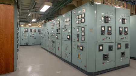 Centralized switchgear room filled with voltage regulators and invertersの素材