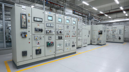 Centralized switchgear room filled with voltage regulators and invertersの素材
