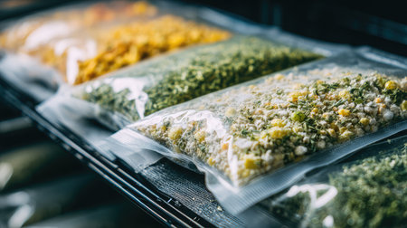 Close-up of freeze-dried meals under analysis for rehydration efficiencyの素材