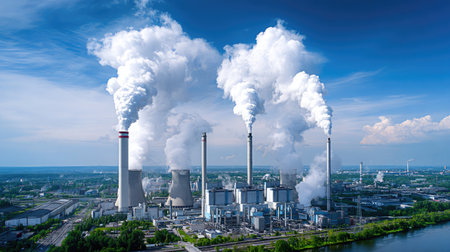 A wide-angle view of a modern thermal power plant with smoke rising from tall chimneys under a clear skyの素材
