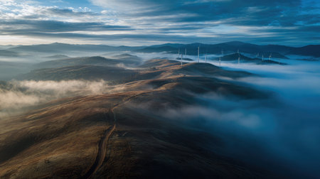 Aerial view of wind turbines on a misty mountain top, illuminated by morning light and scattered cloudsの素材