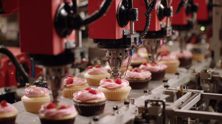 Multiple robotic nozzles decorating pastries with real-time precision controlの素材