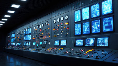 Interior of a high-tech power generation control room with glowing screens and indicator lightsの素材