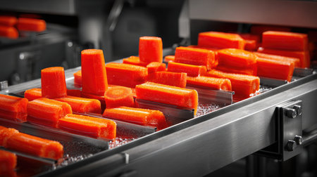 Modern food processing machine slicing vegetables with precision in a sterile environmentの素材