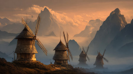 Mountain windmills spin gracefully under golden sunrise rays with soft morning clouds drifting above the peaksの素材