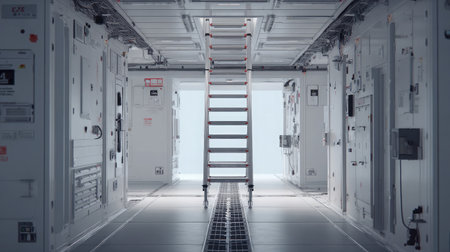 Industrial ladder leading to a monitoring deck inside a power unit buildingの素材