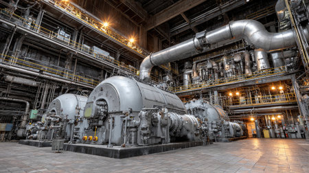 Massive steam turbines in a power facility surrounded by metallic pipes and gaugesの素材
