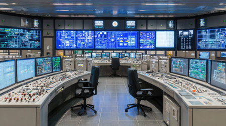 Interior of a high-tech power generation control room with glowing screens and indicator lightsの素材