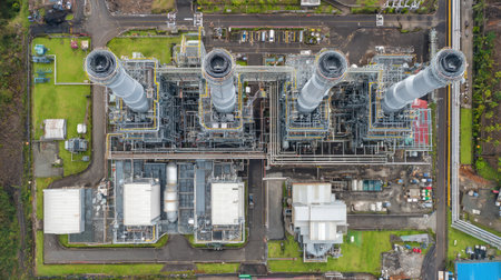 Overhead view of a combined cycle power plant with natural gas inputsの素材
