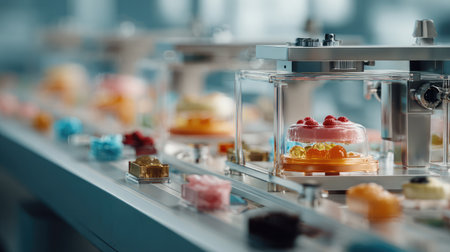 Multiple food scanners analyzing food color, texture, and shape on an assembly lineの素材