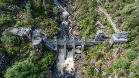 Overhead view of a hydroelectric dam with turbine inlets and monitoring structuresの素材
