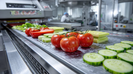 Modern food processing machine slicing vegetables with precision in a sterile environmentの素材