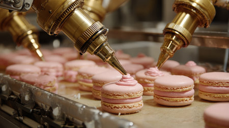 Multiple robotic nozzles decorating pastries with real-time precision controlの素材