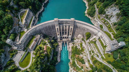 Overhead view of a hydroelectric dam with turbine inlets and monitoring structuresの素材