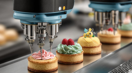 Multiple robotic nozzles decorating pastries with real-time precision controlの素材