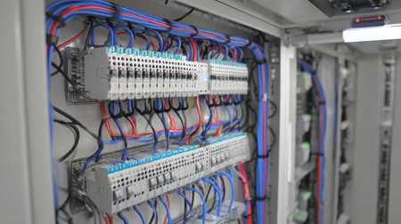 Power converter modules stacked neatly with clean wiring and airflow panelsの素材