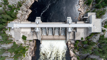 Overhead view of a hydroelectric dam with turbine inlets and monitoring structuresの素材