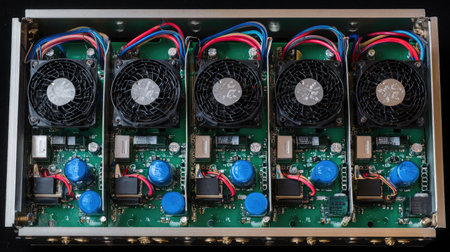 Power converter modules stacked neatly with clean wiring and airflow panelsの素材