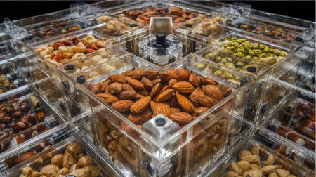 Robotic fingers sorting mixed nuts by size and quality in a clear containerの素材