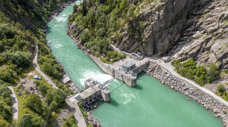 Overhead view of a hydroelectric dam with turbine inlets and monitoring structuresの素材
