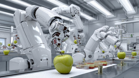 Robotic arms handling delicate fruits in a food-safe lab with advanced sensorsの素材