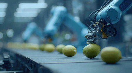 Robotic arms handling delicate fruits in a food-safe lab with advanced sensorsの素材