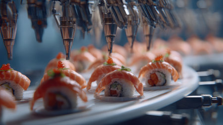 Robotic conveyor picking and placing sushi rolls with synchronized precisionの素材